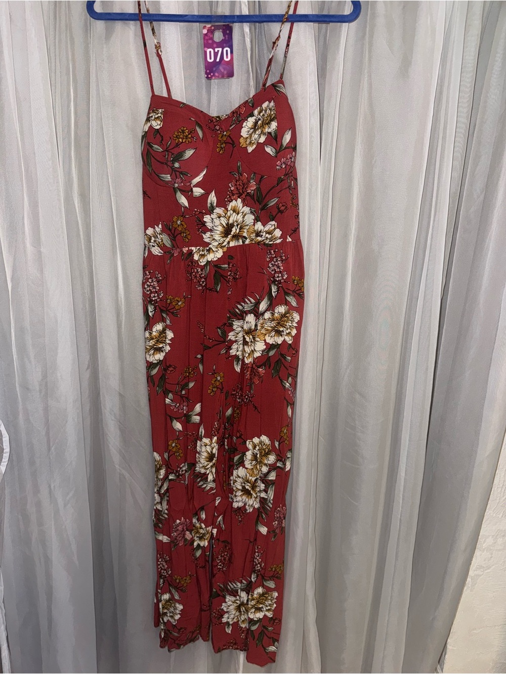 Xhilaration Rust Floral Spaghetti-Strap Jumpsuit